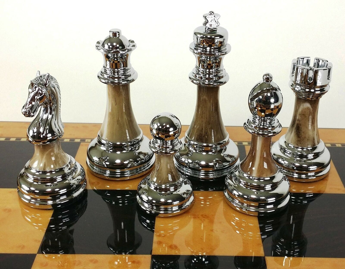 Staunton Chrome & Black Pro Plastic Chess Men Set W 18" Gloss Walnut Color Board