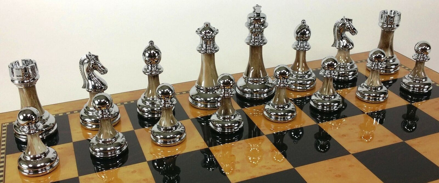 Staunton Chrome & Black Pro Plastic Chess Men Set W 18" Gloss Walnut Color Board