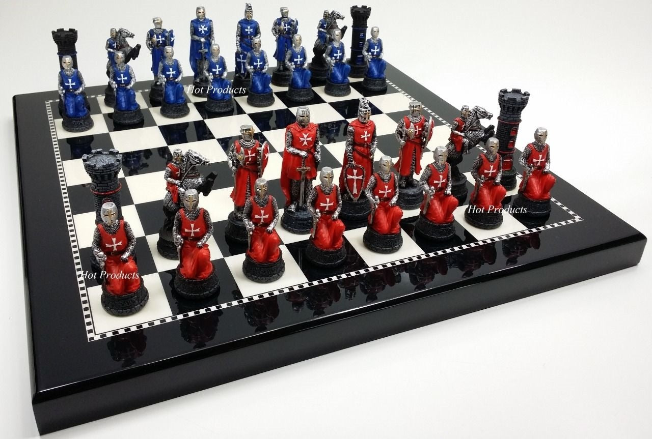 Medieval Times Crusades RED & BLUE Maltese Knights Chess Set W/ 15" Black Board