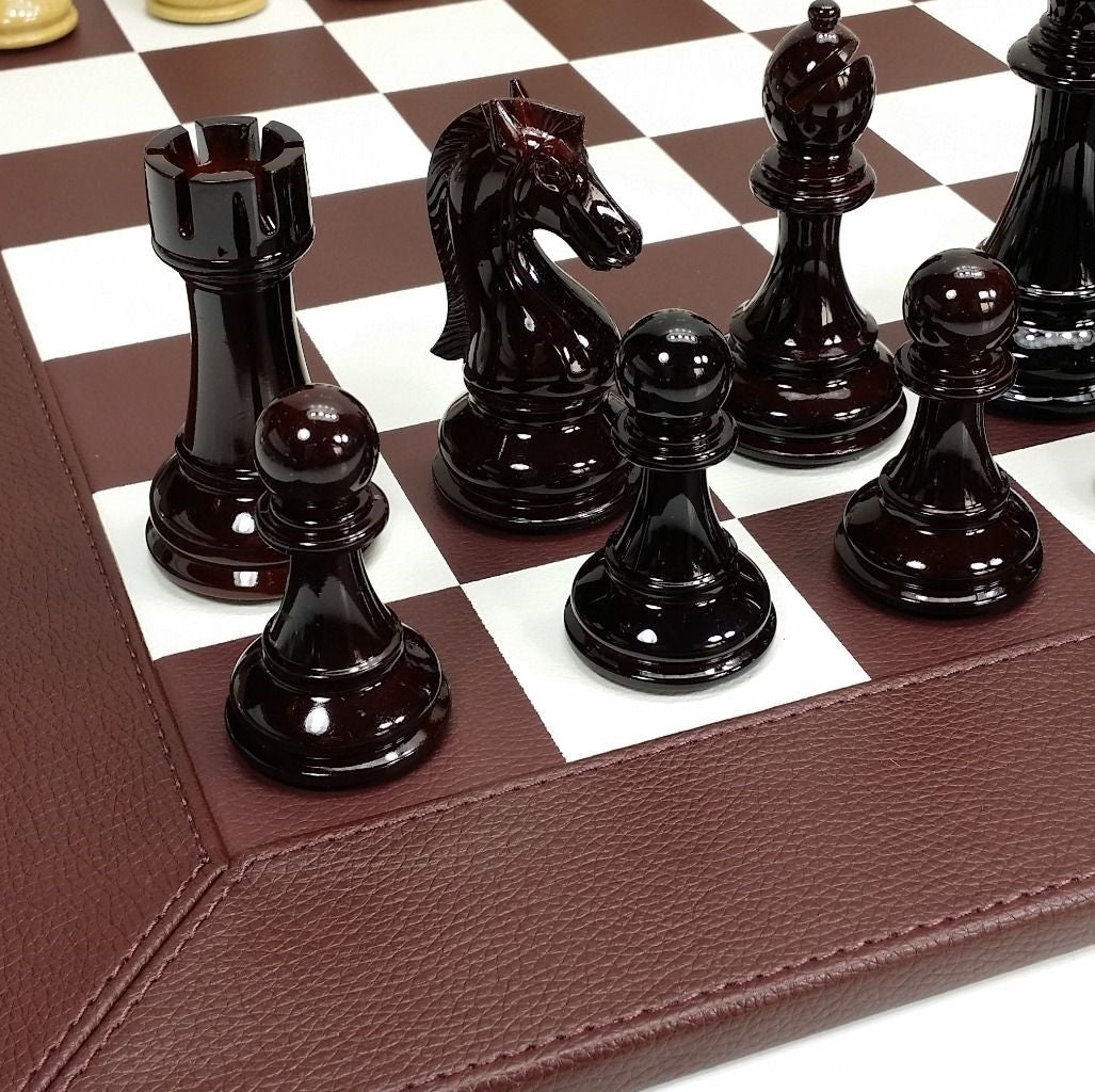 NEW STAUNTON BURGUNDY LARGE 4 1/4" KING CHESS SET 21" FAUX LEATHER BOARD