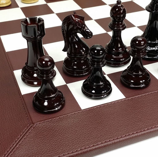 NEW  STAUNTON BURGUNDY LARGE 4 1/4" KING CHESS SET 21" FAUX LEATHER BOARD