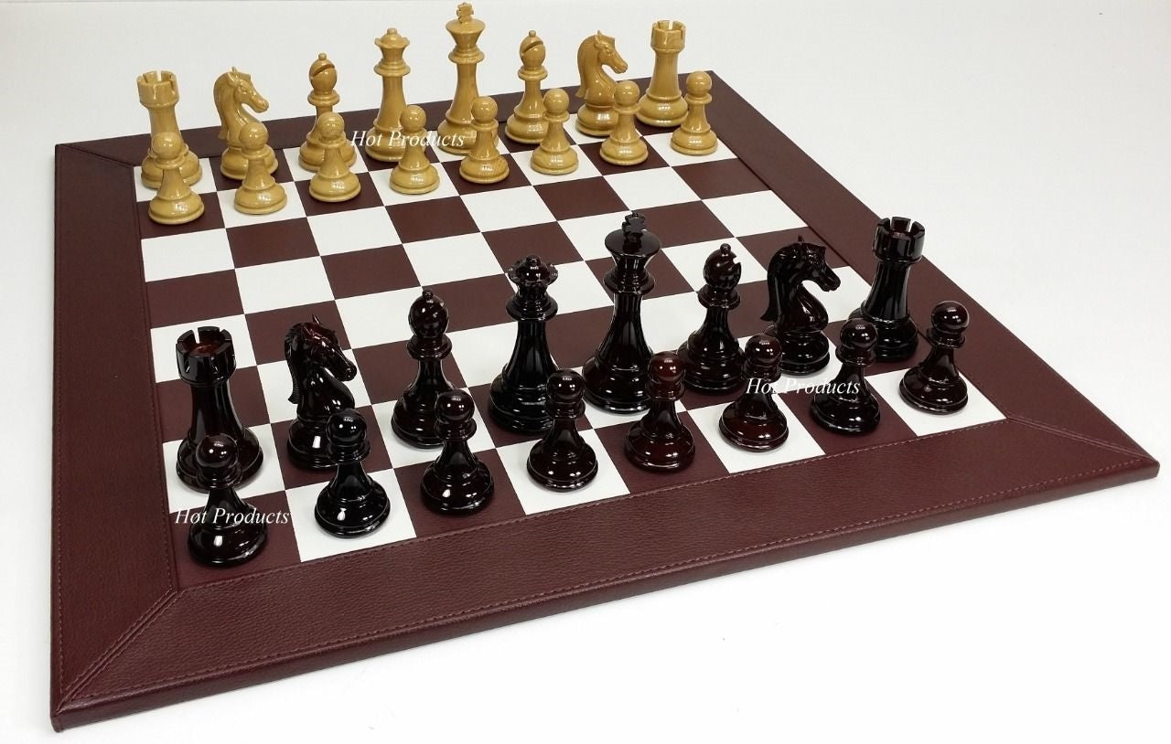 NEW STAUNTON BURGUNDY LARGE 4 1/4" KING CHESS SET 21" FAUX LEATHER BOARD