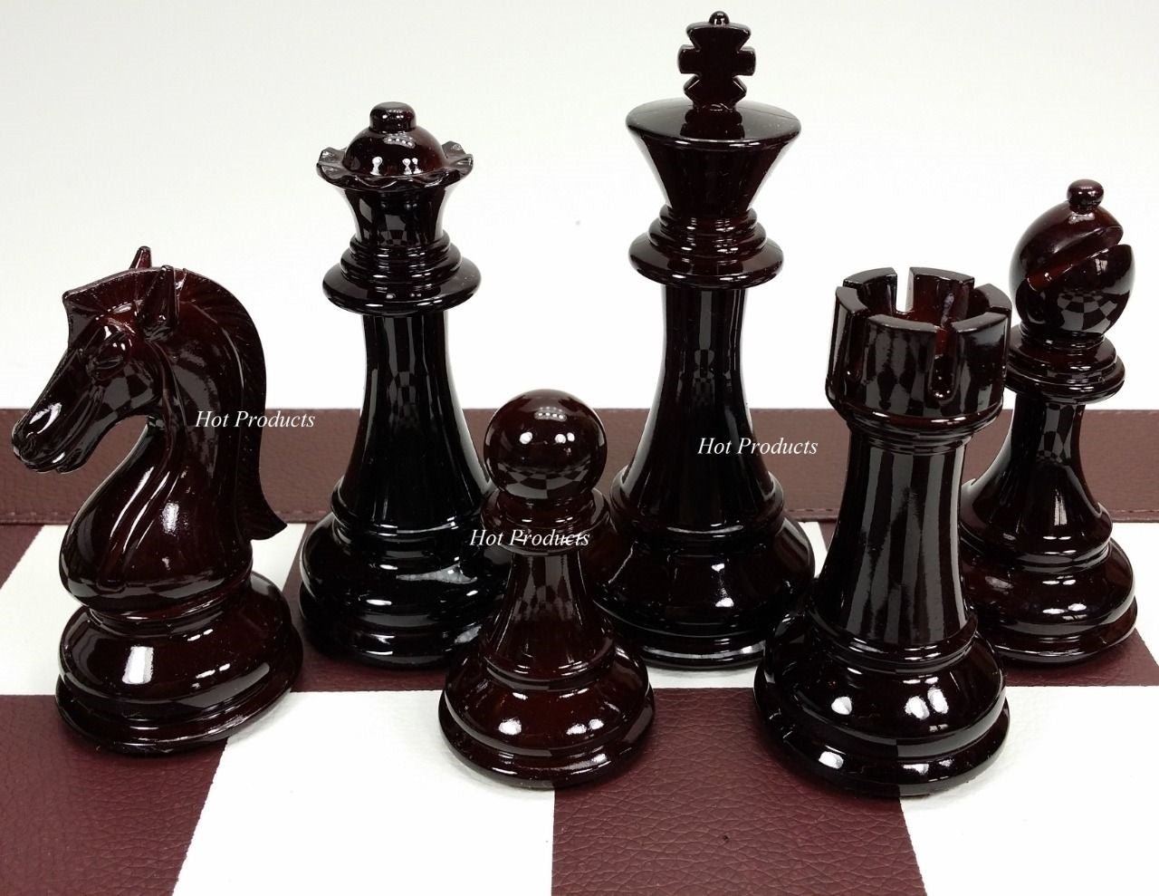 NEW STAUNTON BURGUNDY LARGE 4 1/4" KING CHESS SET 21" FAUX LEATHER BOARD