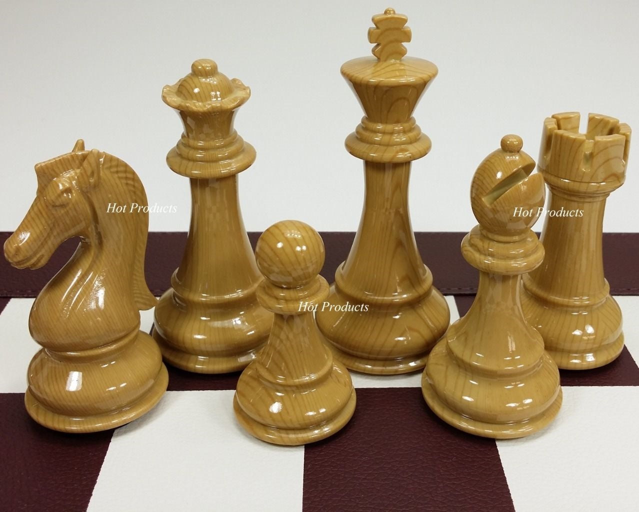 NEW STAUNTON BURGUNDY LARGE 4 1/4" KING CHESS SET 21" FAUX LEATHER BOARD