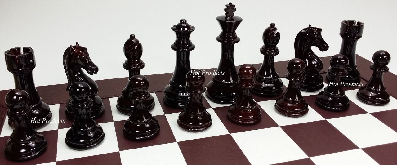 NEW STAUNTON BURGUNDY LARGE 4 1/4" KING CHESS SET 21" FAUX LEATHER BOARD