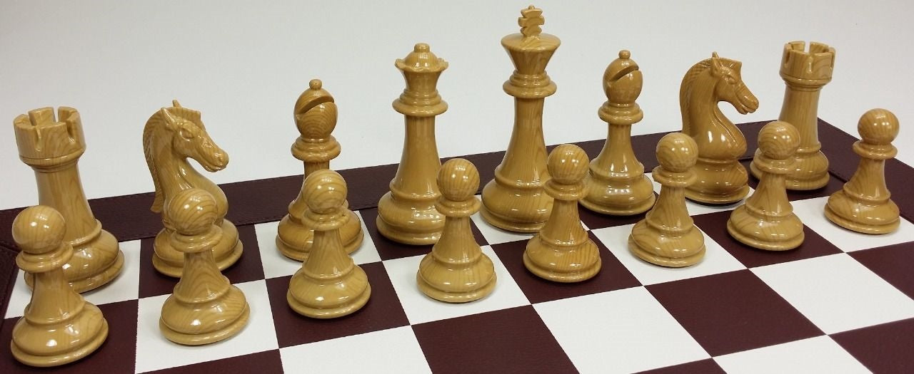 NEW STAUNTON BURGUNDY LARGE 4 1/4" KING CHESS SET 21" FAUX LEATHER BOARD