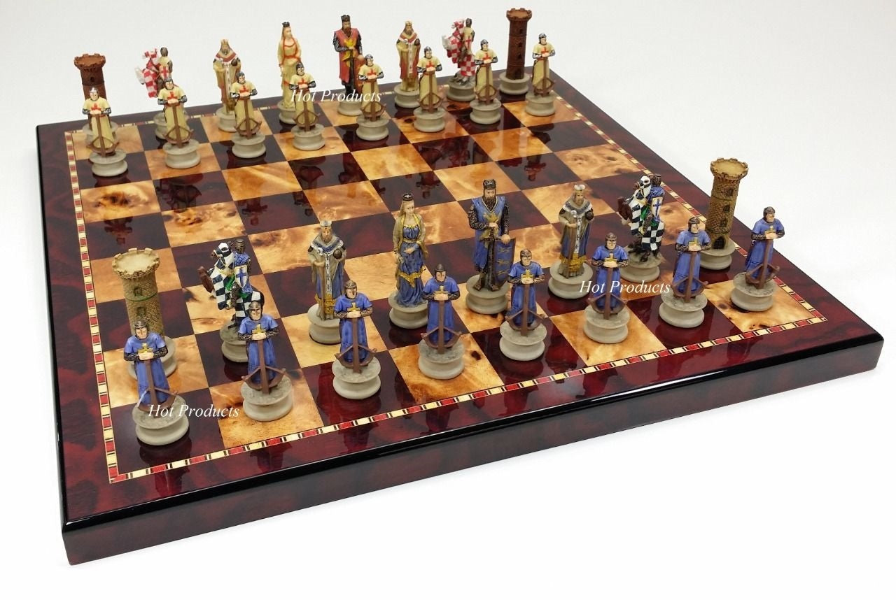 Medieval Times Crusades King Richard Knights Chess Set W/ 18" Cherry Color Board