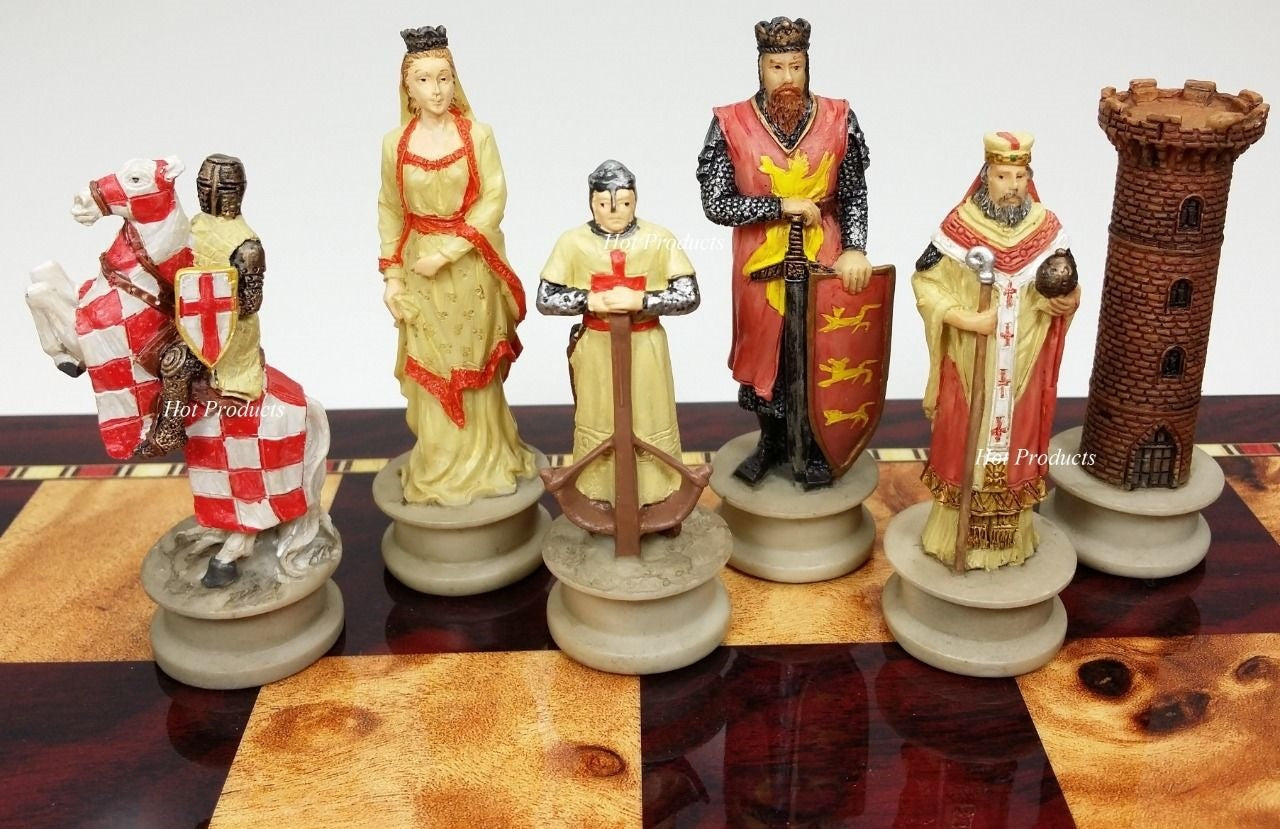 Medieval Times Crusades King Richard Knights Chess Set W/ 18" Cherry Color Board