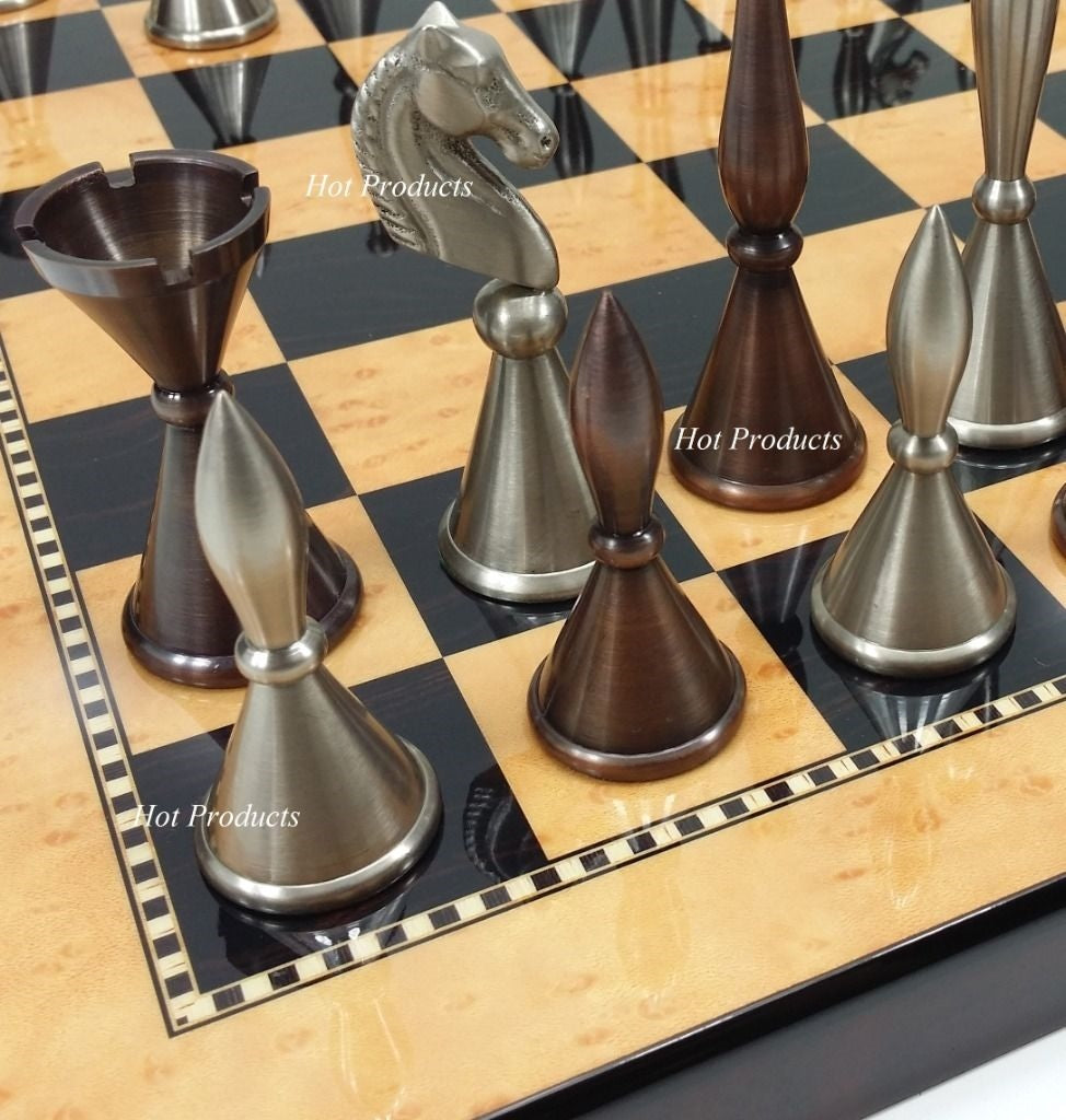 Brass Metal Art Deco MODERN Staunton Chess Set W/ 15" WALNUT Color BOARD