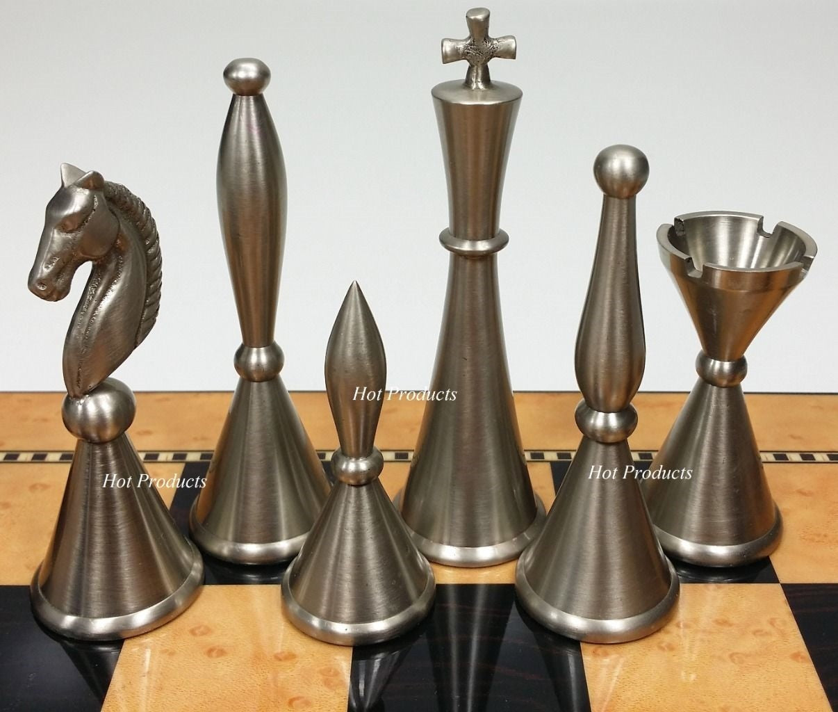 Brass Metal Art Deco MODERN Staunton Chess Set W/ 15" WALNUT Color BOARD