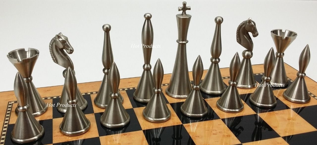 Brass Metal Art Deco MODERN Staunton Chess Set W/ 15" WALNUT Color BOARD
