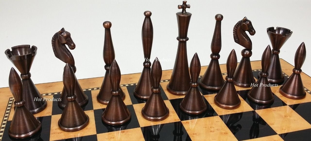 Brass Metal Art Deco MODERN Staunton Chess Set W/ 15" WALNUT Color BOARD