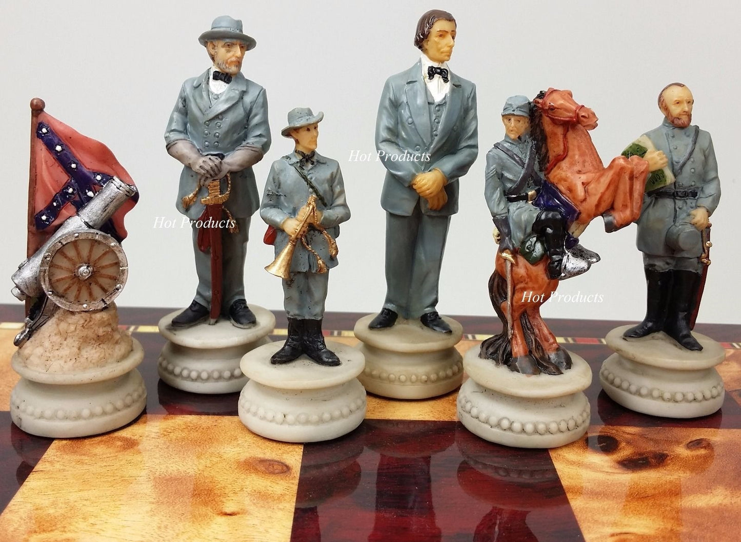 US American Civil War Generals Painted Chess Set 17" Cherry Color Storage Board