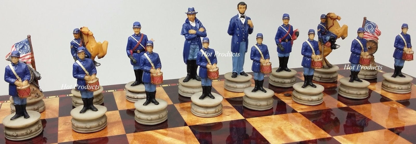 US American Civil War Generals Painted Chess Set 17" Cherry Color Storage Board