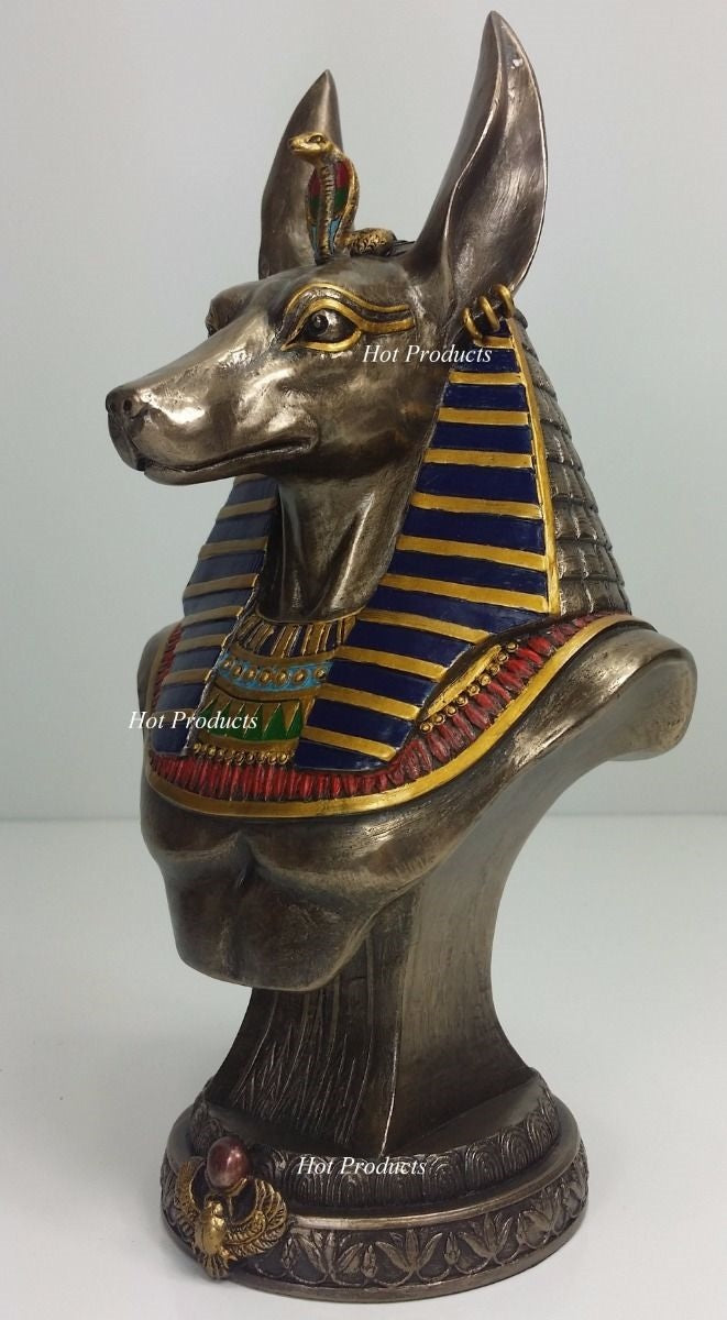 9" Egyptian Anubis Jackal Bust on Plinth Statue Sculpture Antique Bronze Color