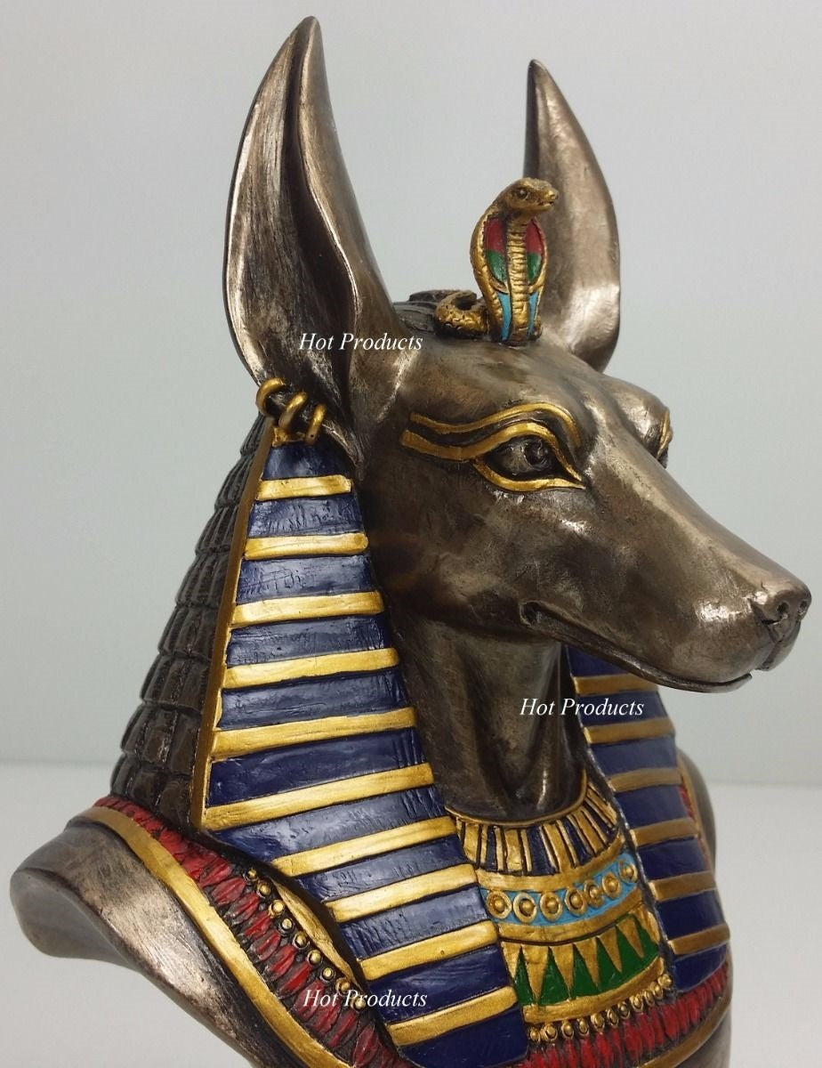 9" Egyptian Anubis Jackal Bust on Plinth Statue Sculpture Antique Bronze Color