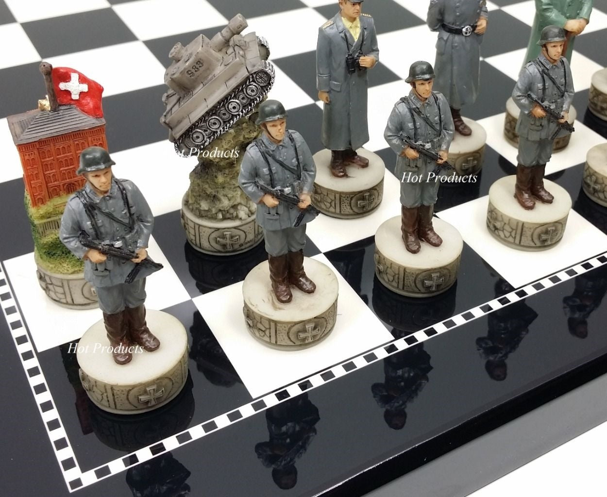 World War 2 US GERMANY Chess Set W/ 15" BLACK & WHITE GLOSS BOARD WW2