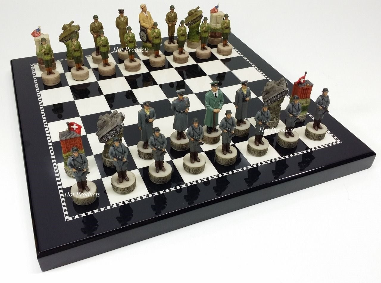 World War 2 US GERMANY Chess Set W/ 15" BLACK & WHITE GLOSS BOARD WW2