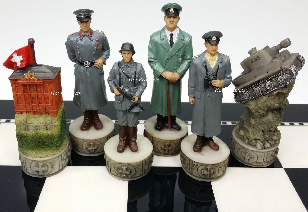 World War 2 US GERMANY Chess Set W/ 15" BLACK & WHITE GLOSS BOARD WW2