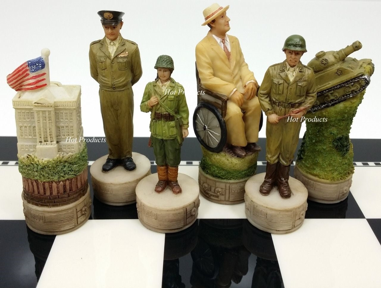 World War 2 US GERMANY Chess Set W/ 15" BLACK & WHITE GLOSS BOARD WW2