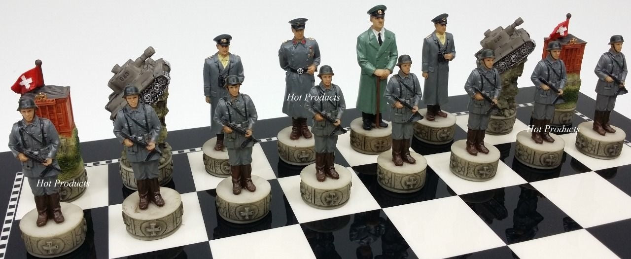 World War 2 US GERMANY Chess Set W/ 15" BLACK & WHITE GLOSS BOARD WW2