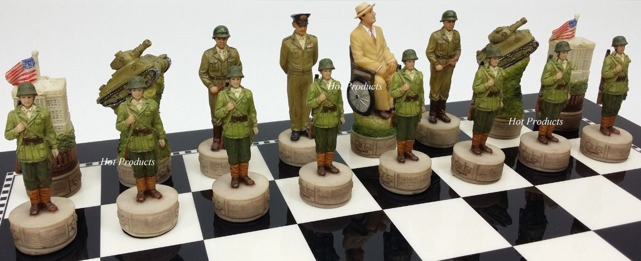 World War 2 US GERMANY Chess Set W/ 15" BLACK & WHITE GLOSS BOARD WW2