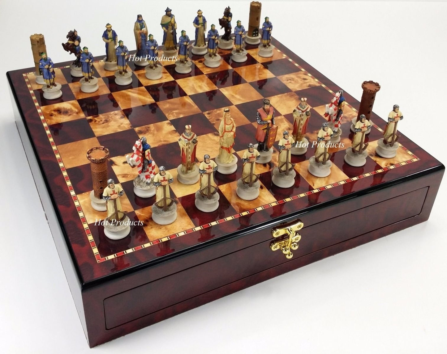 Medieval Times Crusade Arabian v Christian Chess Set Cherry Color Storage Board