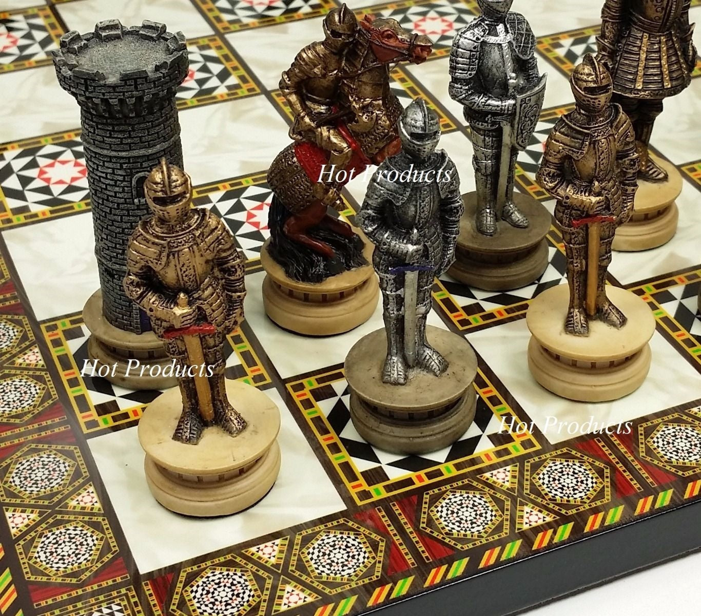 Medieval Times Crusades Armored Warrior Knight Chess Set 14' Mosaic Color Board