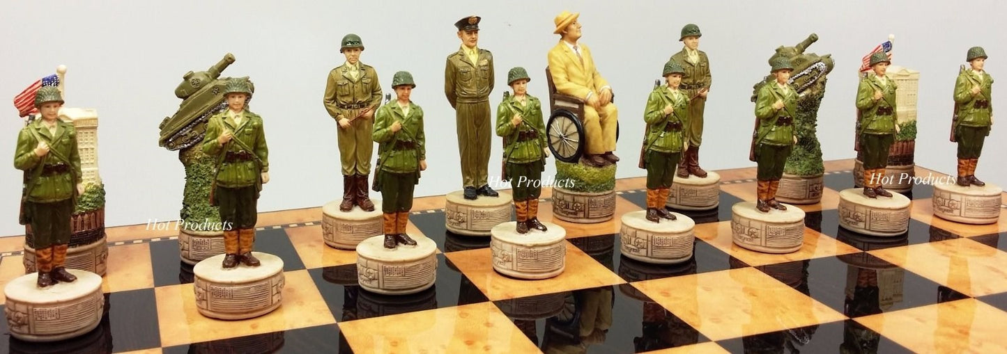 WW2 US vs Germany Chess Set W 17" Walnut & Maple Color Storage Board