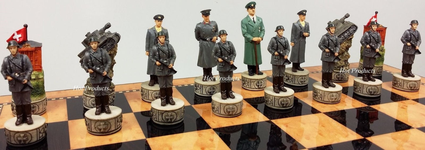 WW2 US vs Germany Chess Set W 17" Walnut & Maple Color Storage Board