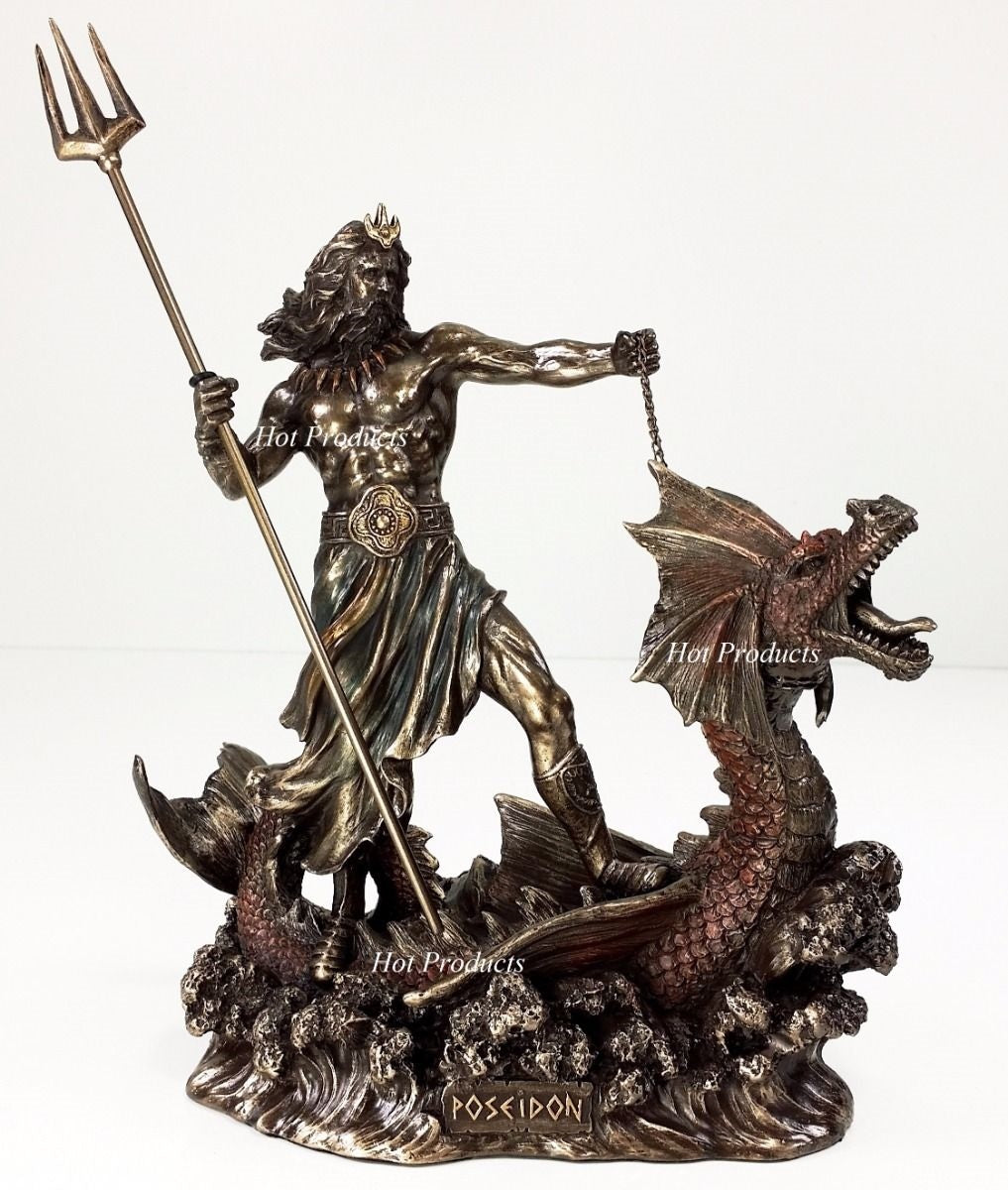 Poseidon Trident Hippocampus Dragon GREEK MYTHOLOGY God Sea Statue Bronze Finish