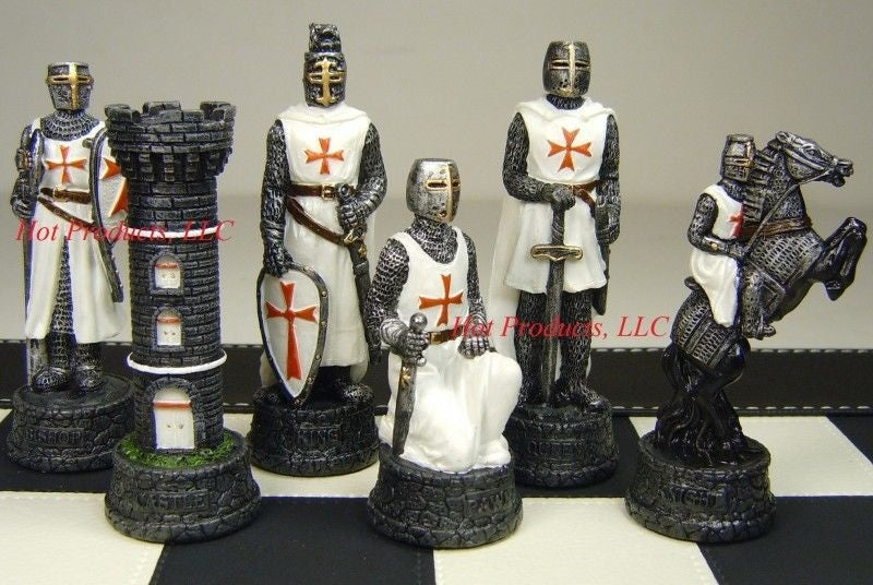 Medieval Times Crusades Red & White Maltese Chess Set Black Faux Leather Board
