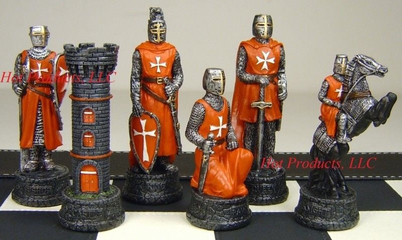 Medieval Times Crusades Red & White Maltese Chess Set Black Faux Leather Board