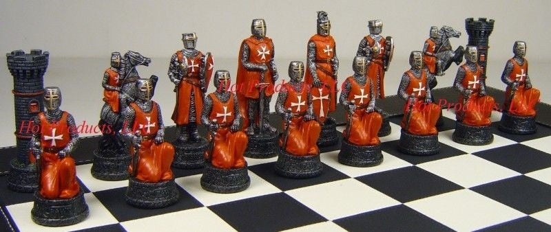 Medieval Times Crusades Red & White Maltese Chess Set Black Faux Leather Board