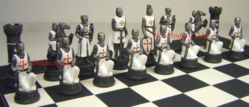 Medieval Times Crusades Red & White Maltese Chess Set Black Faux Leather Board