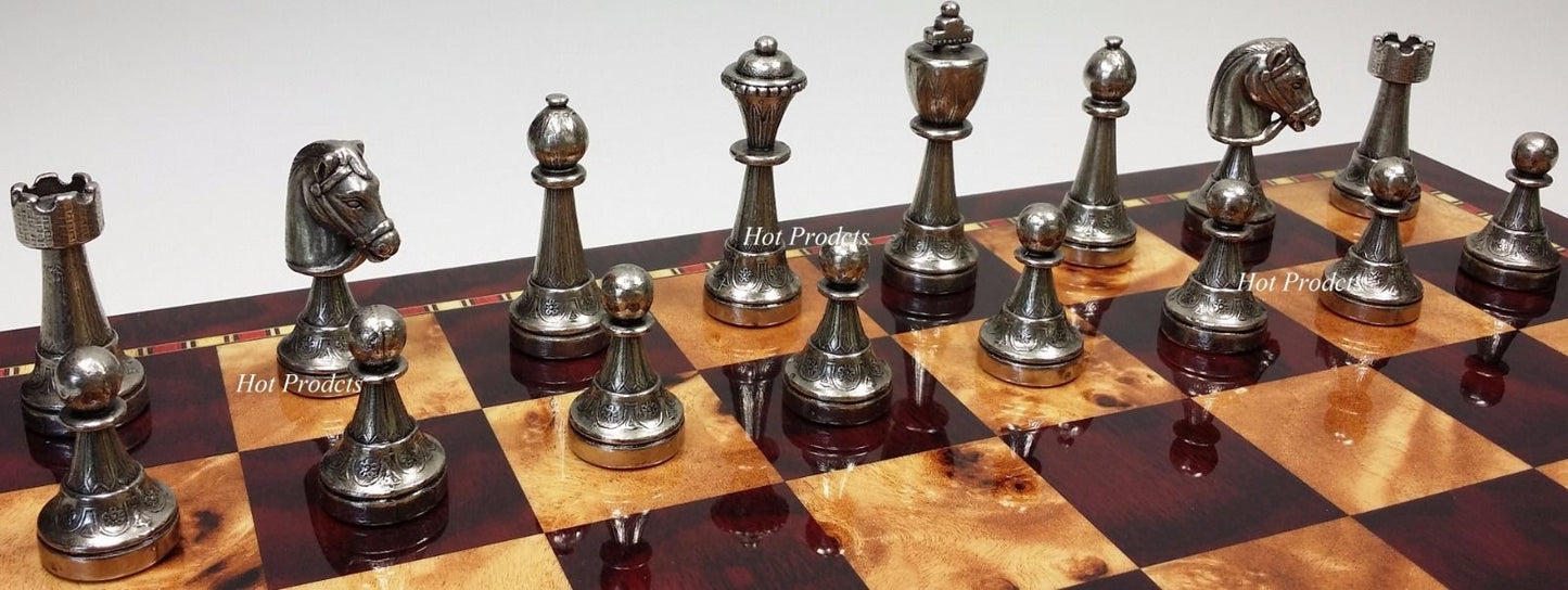 Italfama Brass Metal Etched Staunton Chess Men Set W/ 18" Cherry Color Board