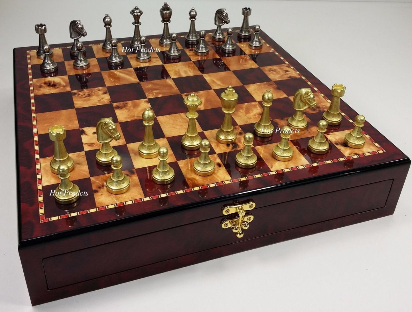 Italfama Brass Metal FLORAL Staunton Chess Men Set W/ Cherry Color Storage Board