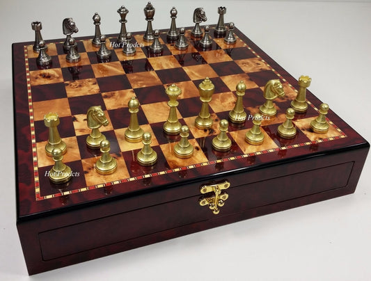 Italfama Brass Metal FLORAL Staunton Chess Men Set W/ Cherry Color Storage Board