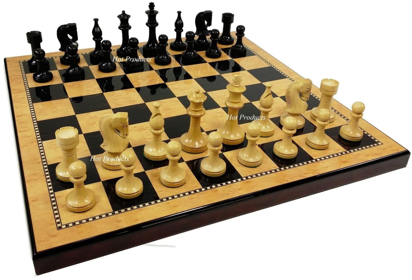 Black RUSSIAN 3 1/2" Staunton Wood Chess Set 18" Walnut & Maple Color Board
