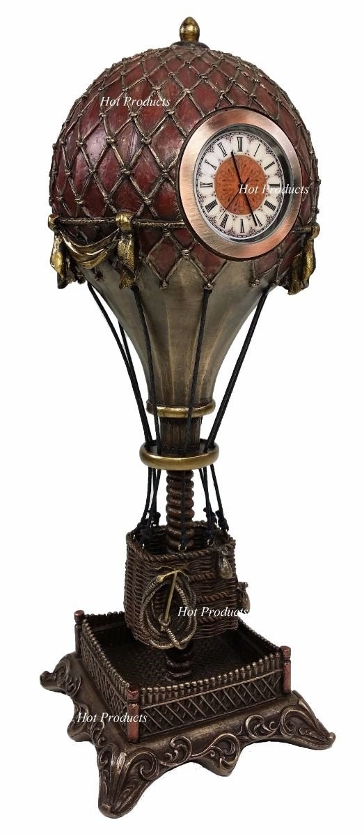 12" Steampunk Hot Air Balloon Table Clock Decor Statue Sculpture Bronze Color