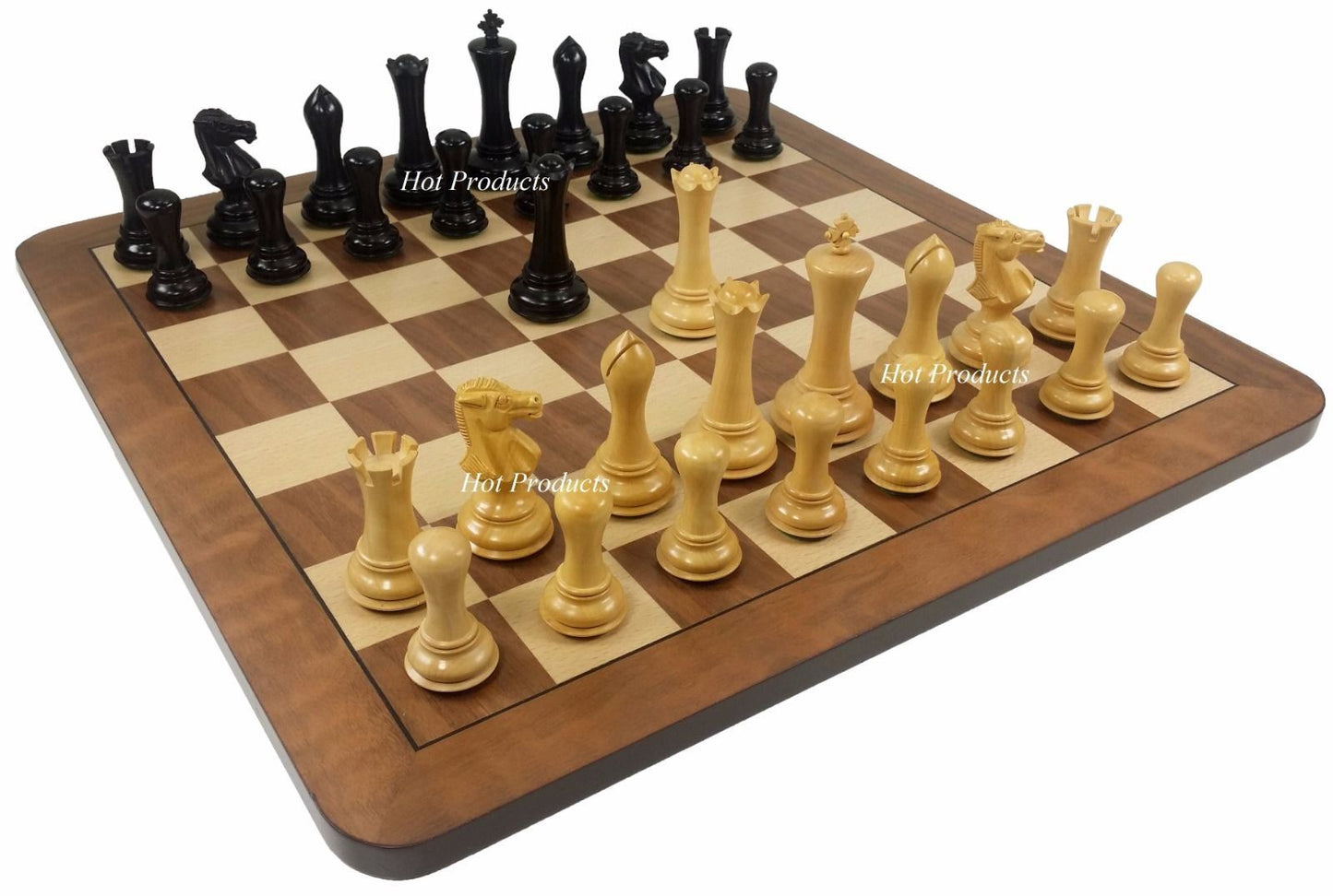 4 Q Black &Natural Empire Modern Staunton Wood Chess Set w19" Walnut Maple Board