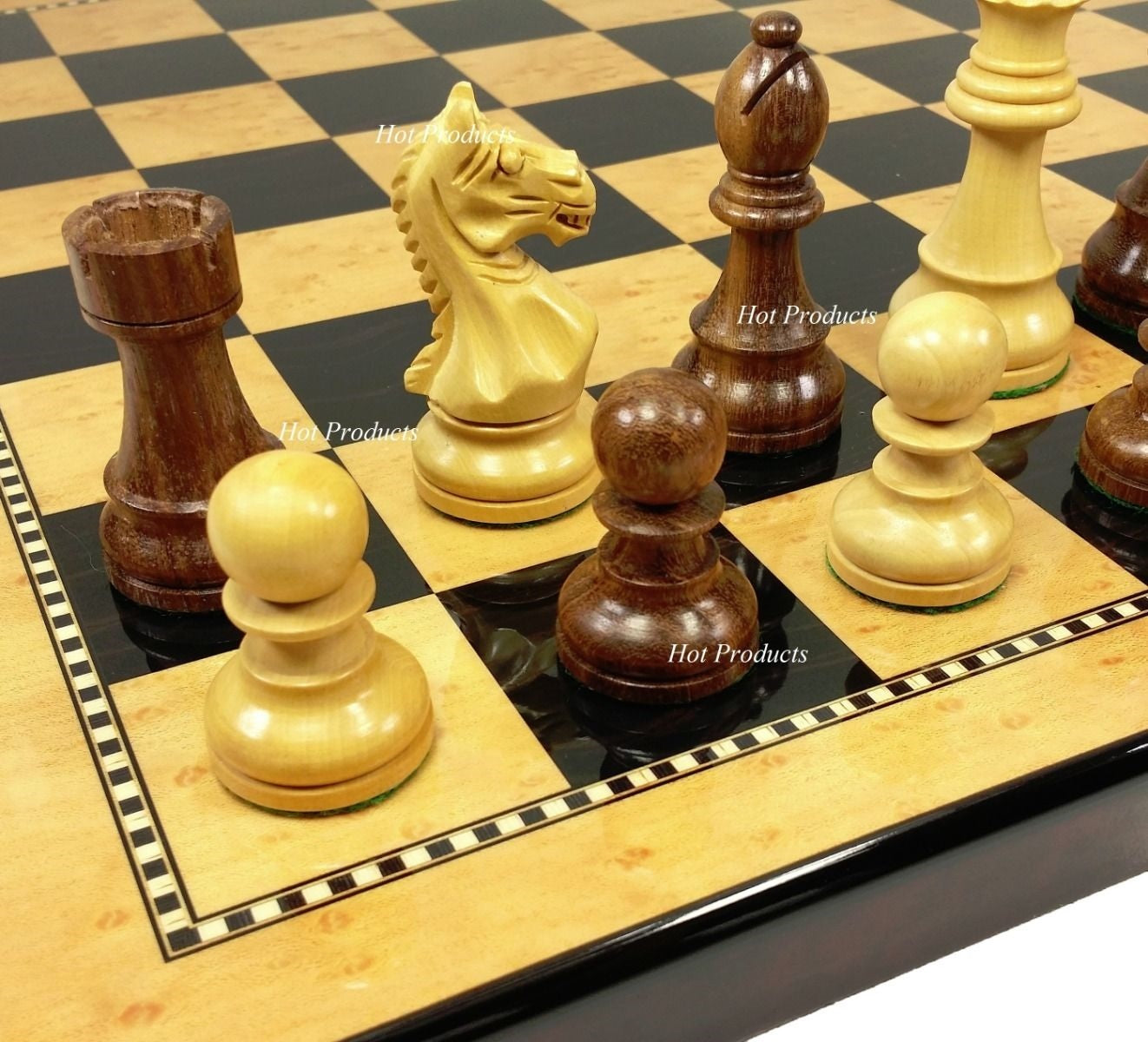 4 QN Acacia Supreme Knight 3 3/4" King Staunton Wood Chess Set Gloss Walnut Bd
