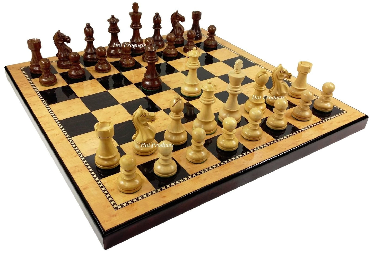 4 QN Acacia Supreme Knight 3 3/4" King Staunton Wood Chess Set Gloss Walnut Bd