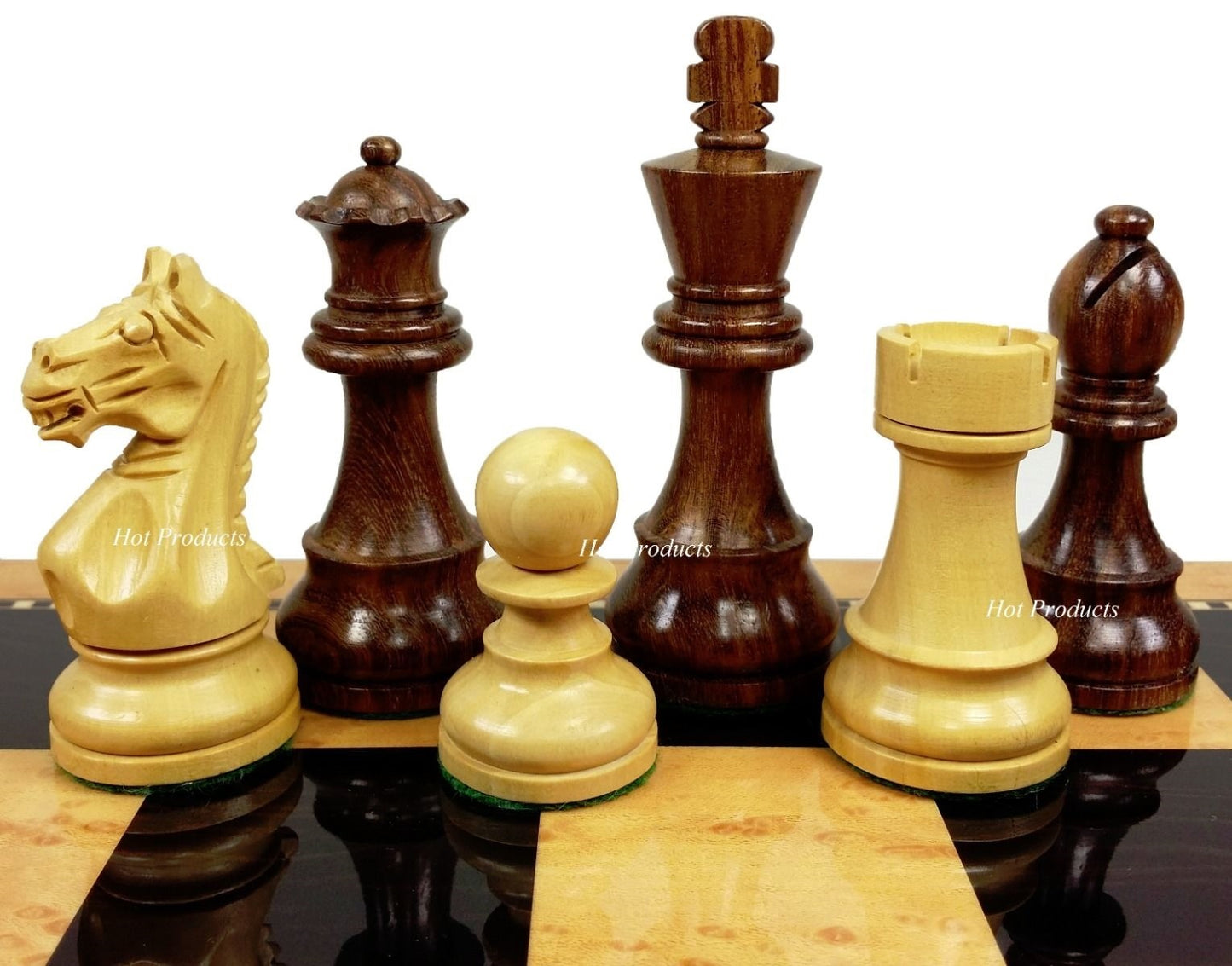 4 QN Acacia Supreme Knight 3 3/4" King Staunton Wood Chess Set Gloss Walnut Bd
