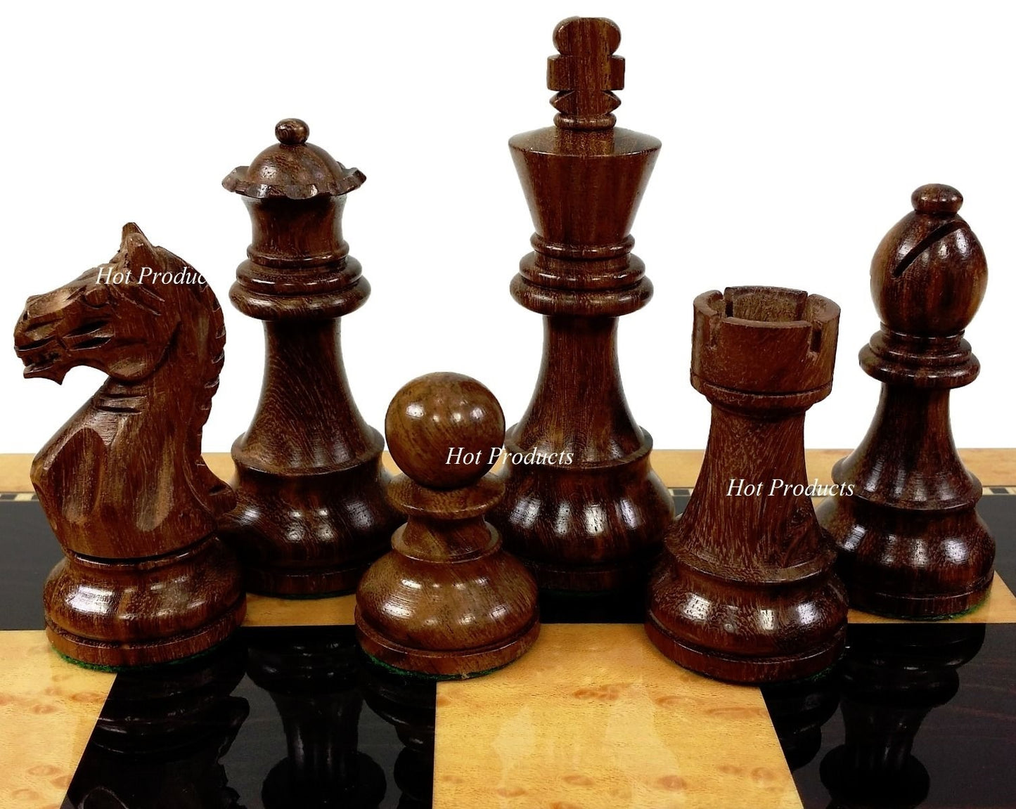 4 QN Acacia Supreme Knight 3 3/4" King Staunton Wood Chess Set Gloss Walnut Bd