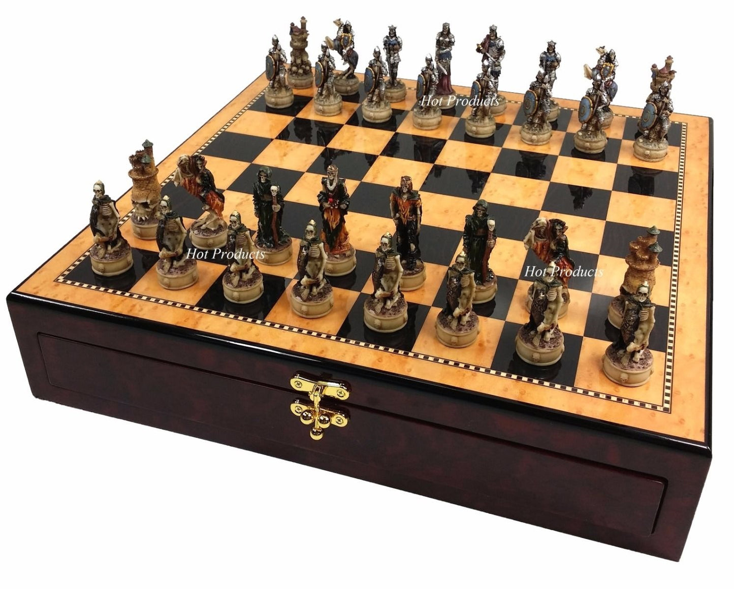 Skeleton Slayer Gothic Fantasy Skull Chess Set Walnut Color w/ 17" Storage Board