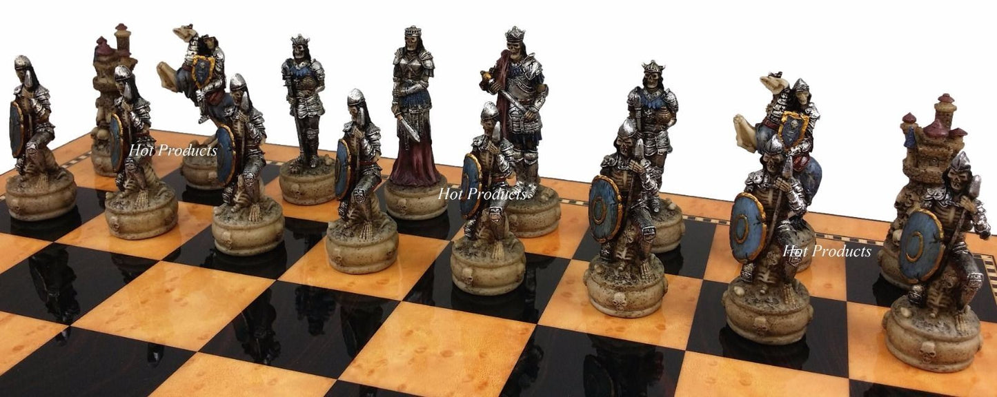 Skeleton Slayer Gothic Fantasy Skull Chess Set Walnut Color 17" Storage Board