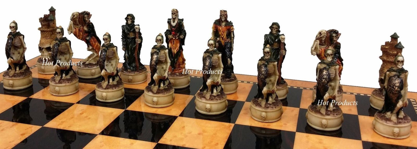Skeleton Slayer Gothic Fantasy Skull Chess Set Walnut Color 17" Storage Board