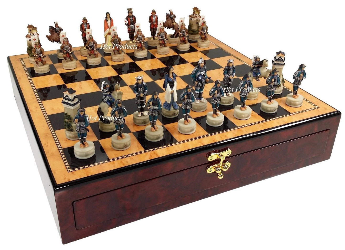 Japanese Samurai Warrior Chess Set w/ Gloss Walnut Color Storage Board 17"