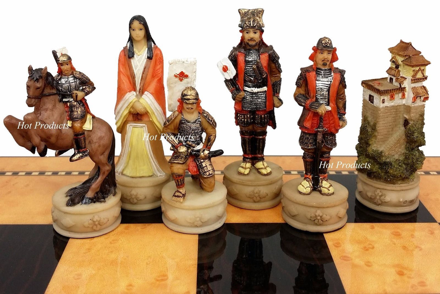 Japanese Samurai Warrior Chess Set w/ Gloss Walnut Color Storage Board 17"